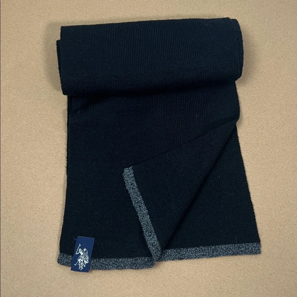 Polo Ralph Lauren minimalist black knit scarf with gray edges 8x58